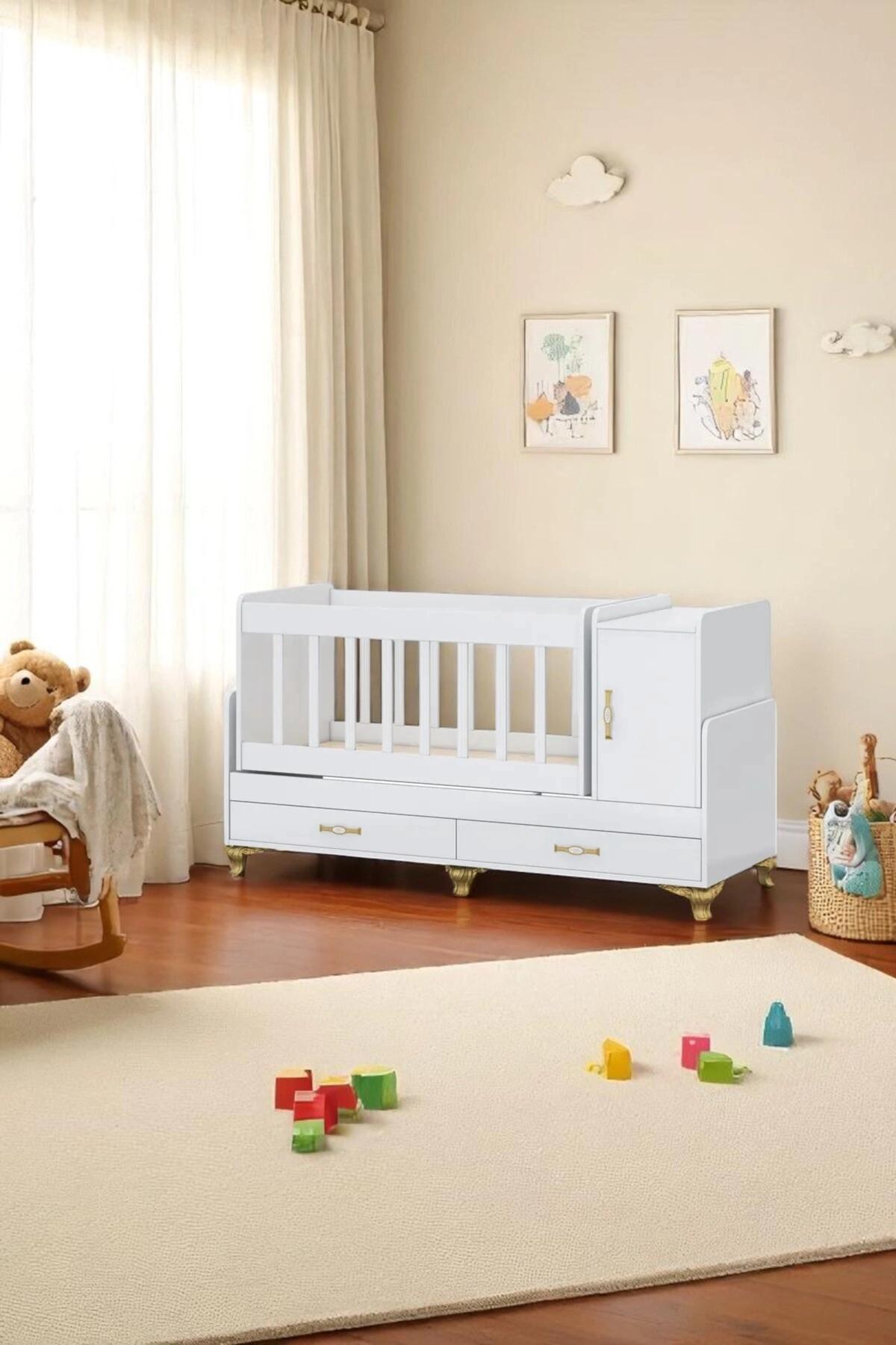 2 Çekmeceli 1 Kapaklı Karyola Olabilen Sallanır Bebek Beşiği Sarı Uyku Setli-2