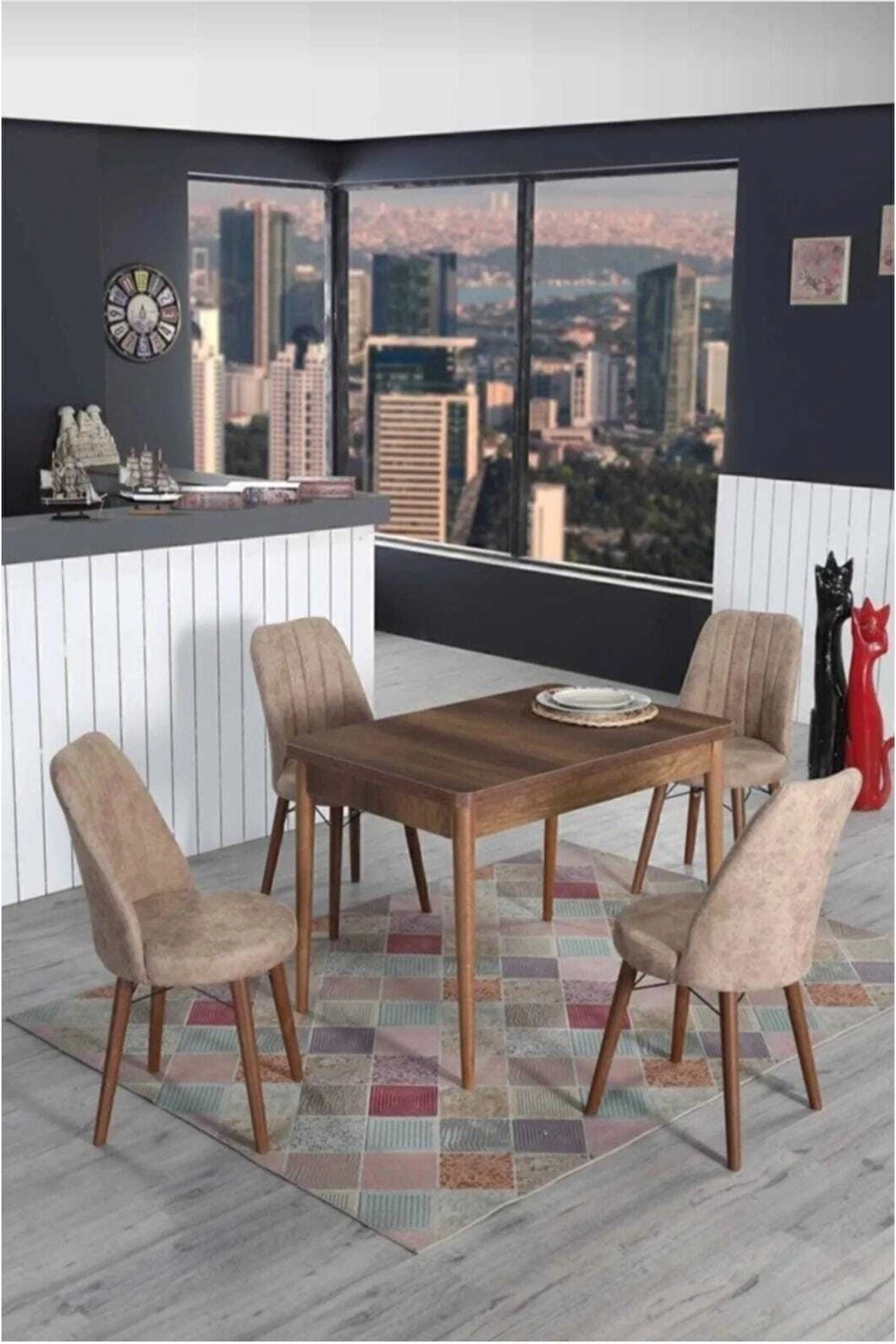 4 Kişilik Sabit Masa Sandalye Takımı 70x110 Cm Mutfak Masası Takımı Yemek Masası Masa Takımı-1