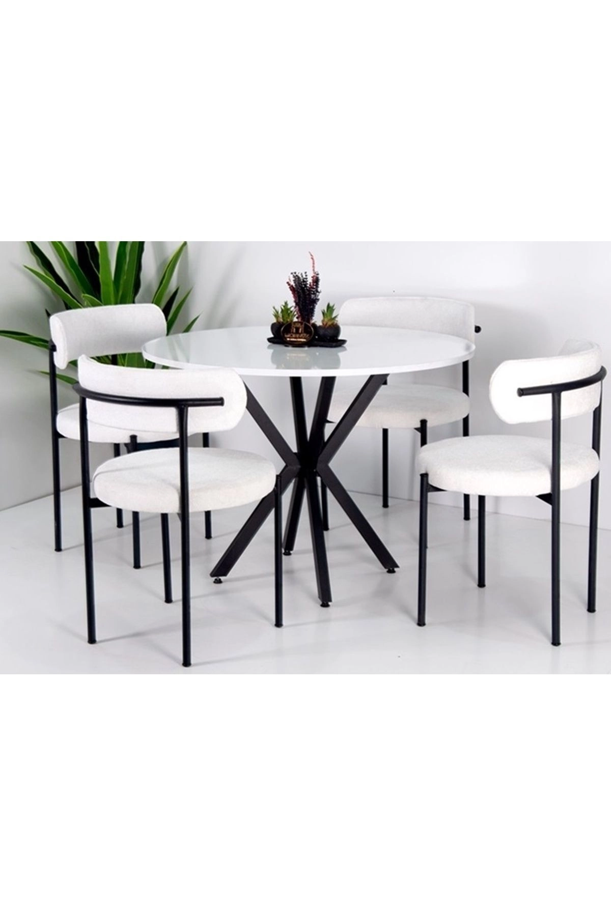 4 Sandalye 1 Adet 90 Cm Çap Masa Teddy Pufuduk Kumaş Salon Mutfak Balkon-1