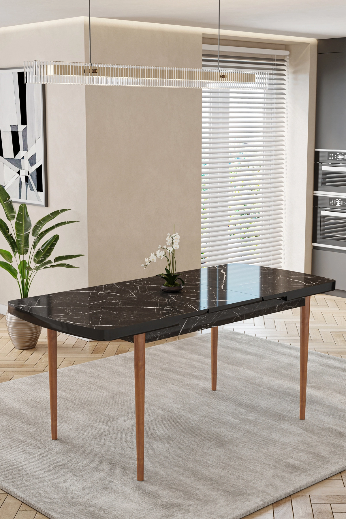 80x170CM Mutfak Masası Takımı | 4 Kişilik Açılır Masa Sandalye Takımı - Siyah Mermer Masa - Antrasit-1