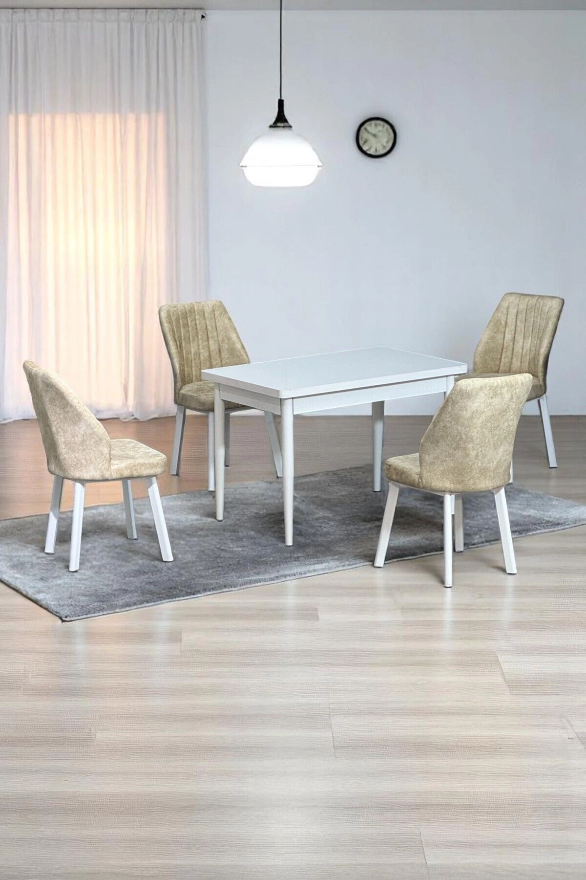 ARVEN Beyaz MDF 70x110 Sabit Mutfak Masası Takımı Beyaz Metal Ayak 4 Krem Sandalye-0
