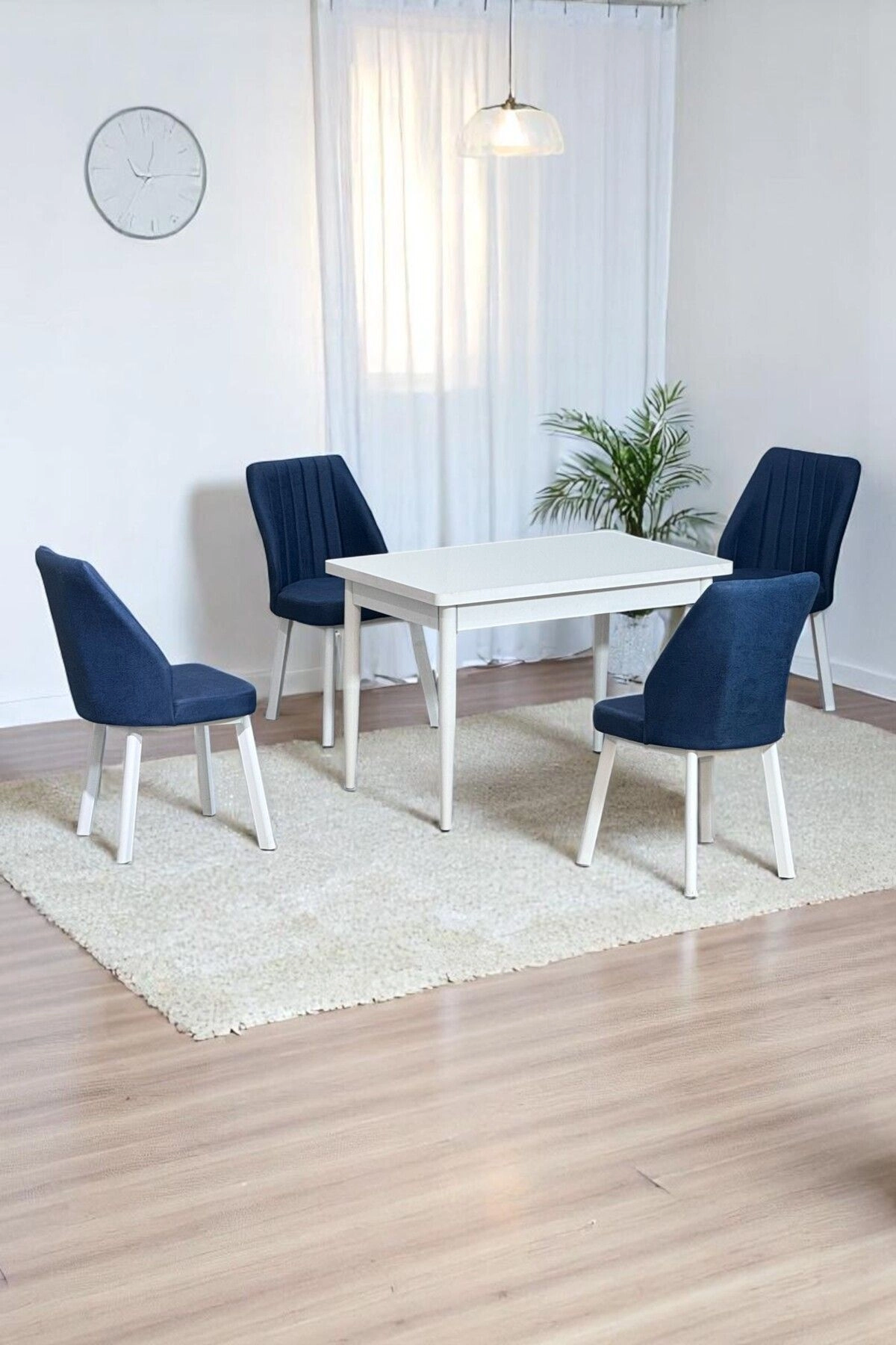 ARVEN Beyaz MDF 70x110 Sabit Mutfak Masası Takımı Beyaz Metal Ayak 4 Lacivert Sandalye-0