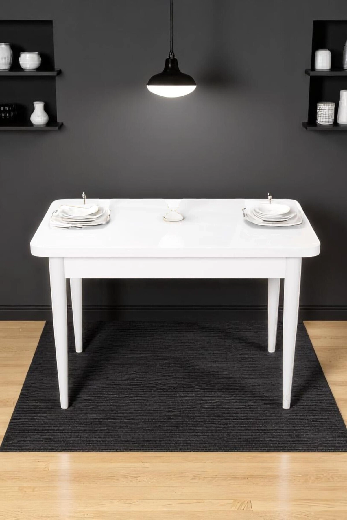 ARVEN Beyaz MDF 70x110 Sabit Mutfak Masası Takımı Beyaz Metal Ayak 4 Lacivert Sandalye-1