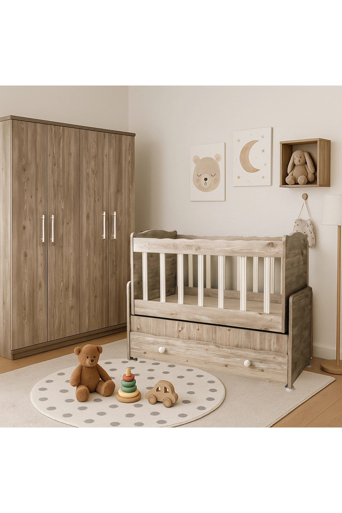 Çekmeceli Sallanır Anne Yanı Bebek Odası Takımı Beşik 50 x 100 Gardırop 120 X 174 X 45-0