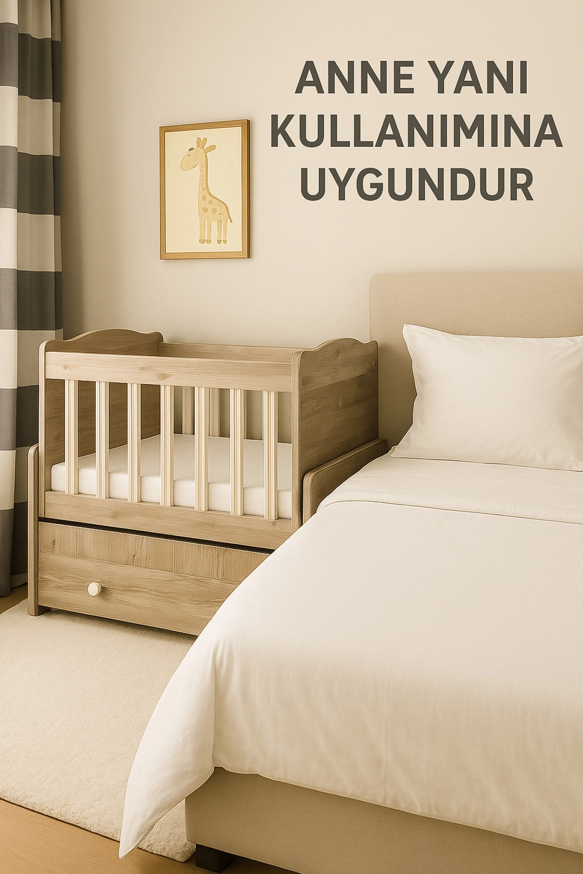 Çekmeceli Sallanır Anne Yanı Bebek Odası Takımı Beşik 50 x 100 Gardırop 120 X 174 X 45-5