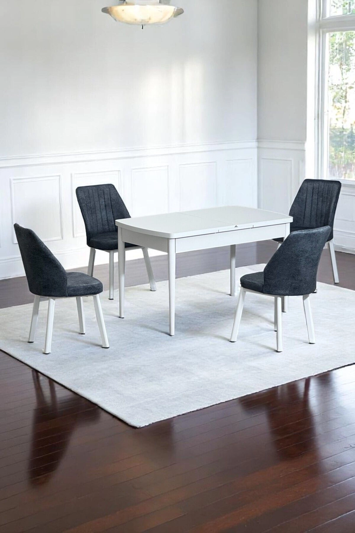 Florn Beyaz 80 x 132 Açılabilen MDF Masa Metal Ayaklı Mutfak Masası Takımı 4 Füme Desen Sandalye-0
