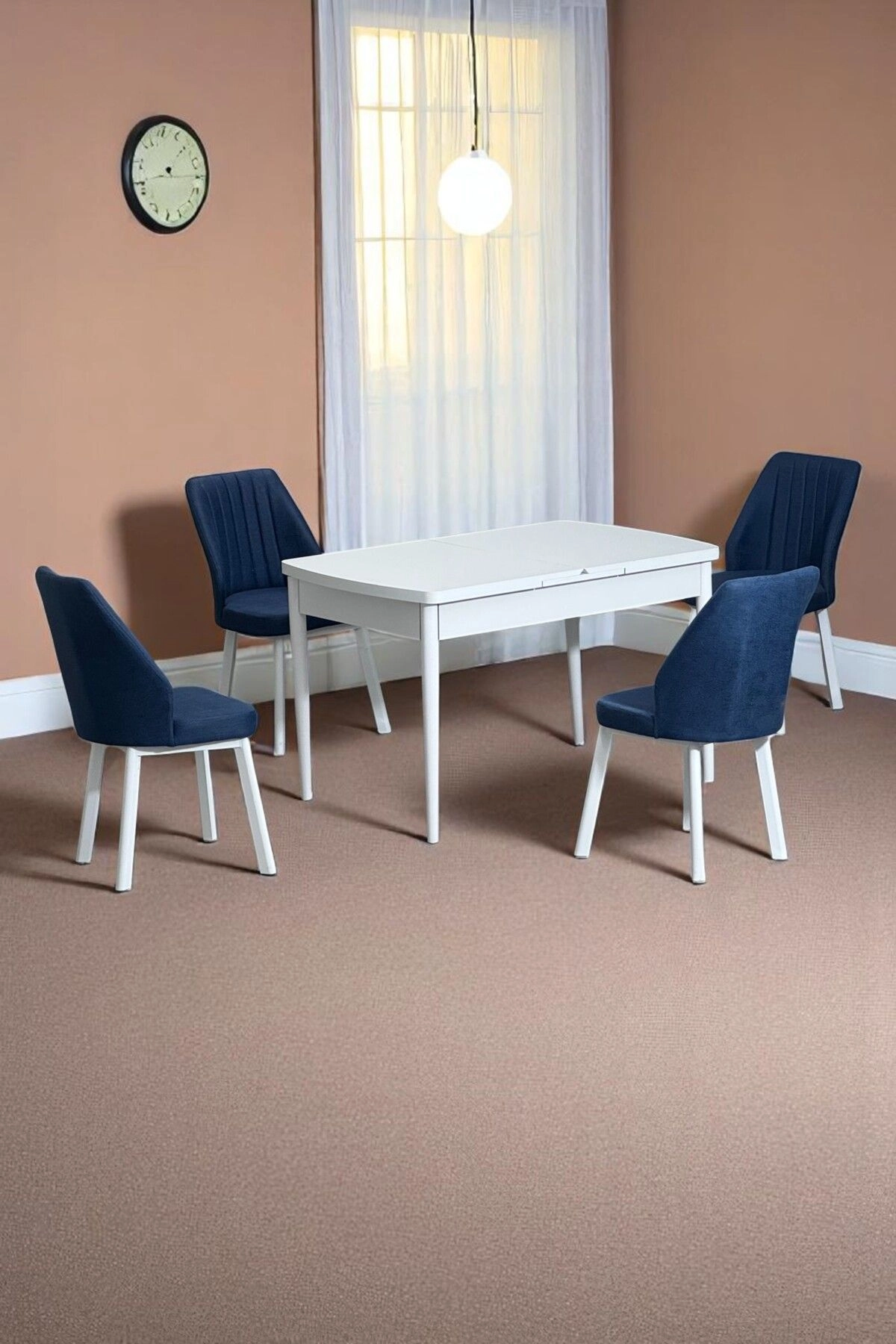 Florn Beyaz 80 x 132 Açılabilen Sunta Masa Metal Ayaklı Mutfak Masası Takımı 4 Lacivert Sandalye-0