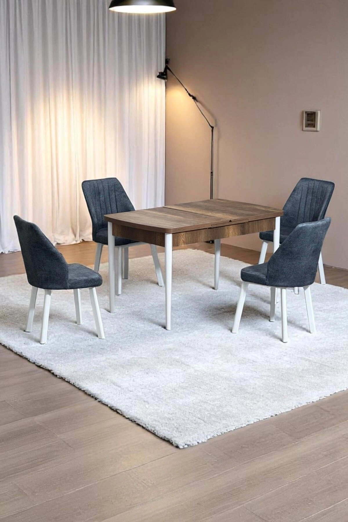 Florn Ceviz 80 x 132 Açılabilen Sunta Masa Metal Ayaklı Mutfak Masası Takımı 4 Kot Füme Sandalye-0