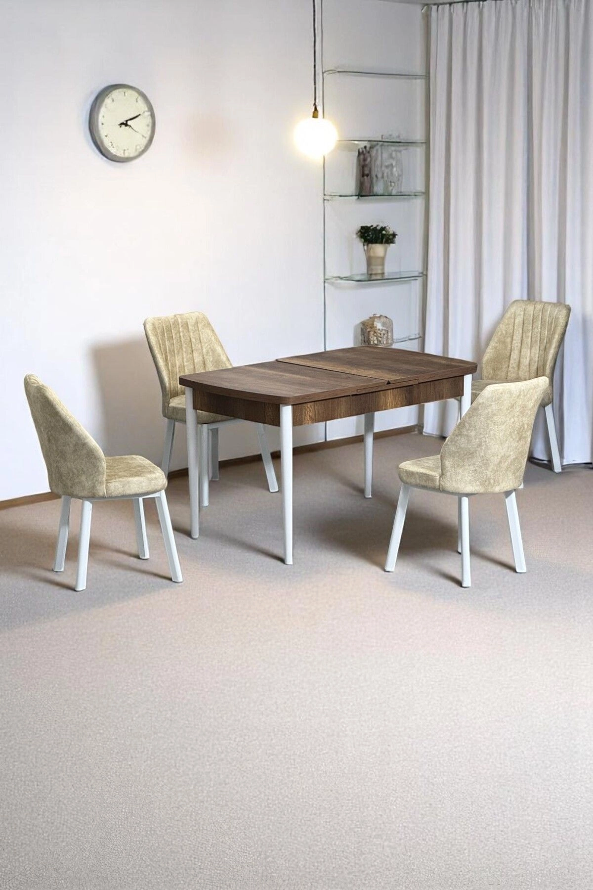 Florn Ceviz 80 x 132 Açılabilen Sunta Masa Metal Ayaklı Mutfak Masası Takımı 4 Krem Sandalye-0