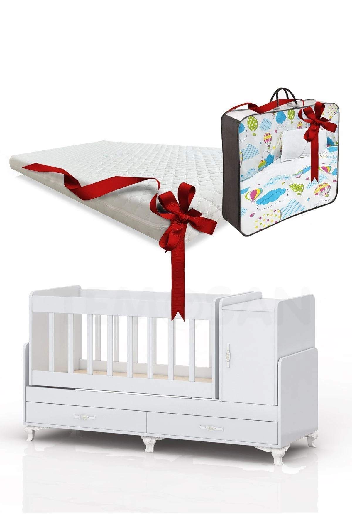 Karyola Olabilen Sallanır Bebek Beşiği Yataklı Sarı Uyku Setli Kapaklı ve Çekmeceli 60 X 120-0