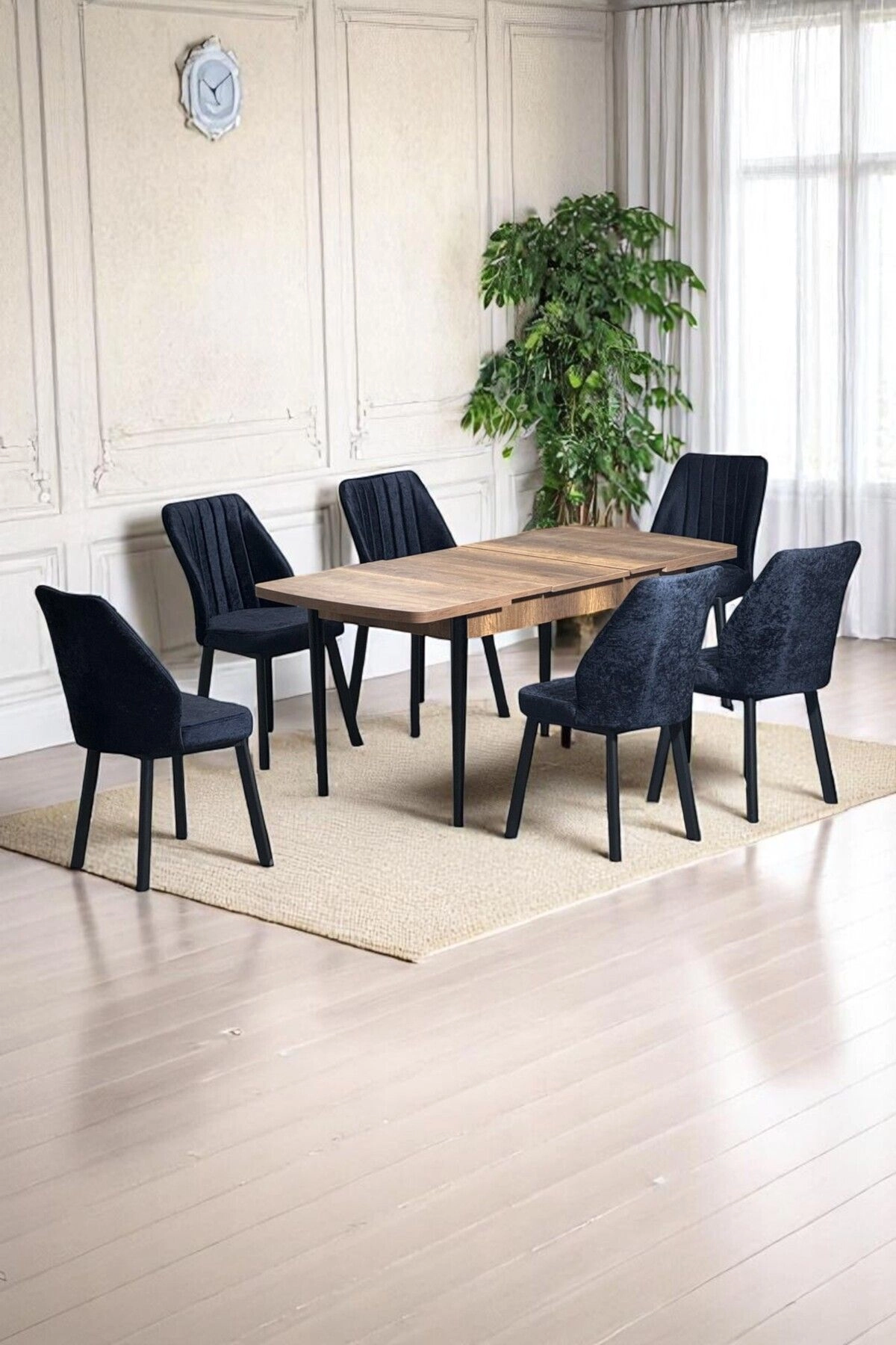 Luna Ceviz 80 x 132 Açılabilen MDF Masa Siyah Metal Ayaklı Mutfak Masası 6 Siyah Sandalye-0