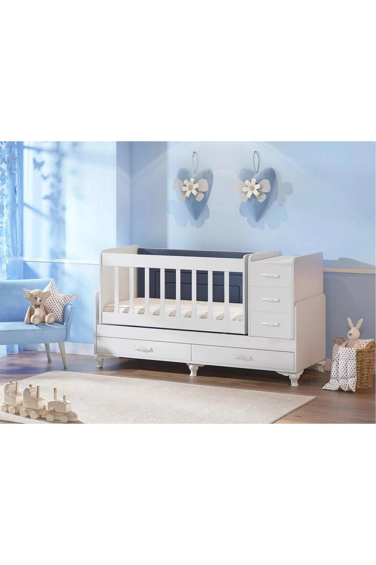 Mdf Korkuluklu, Anne Yanı, Çekmeceli, Büyüyen, Karyola Olabilen, Sallanır Beşik 60 X 120-1