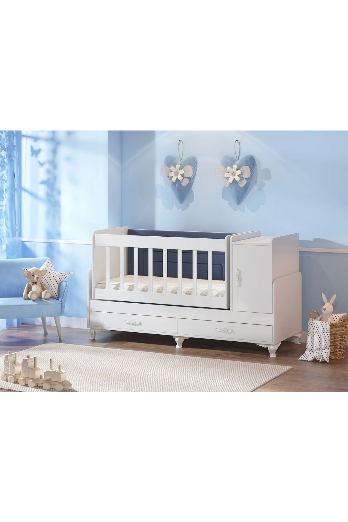 Mdf Korkuluklu, Anne Yanı, Sallanır, Dolaplı, Çekmeceli, Büyüyen, Karyola Olabilen, Beşik-1