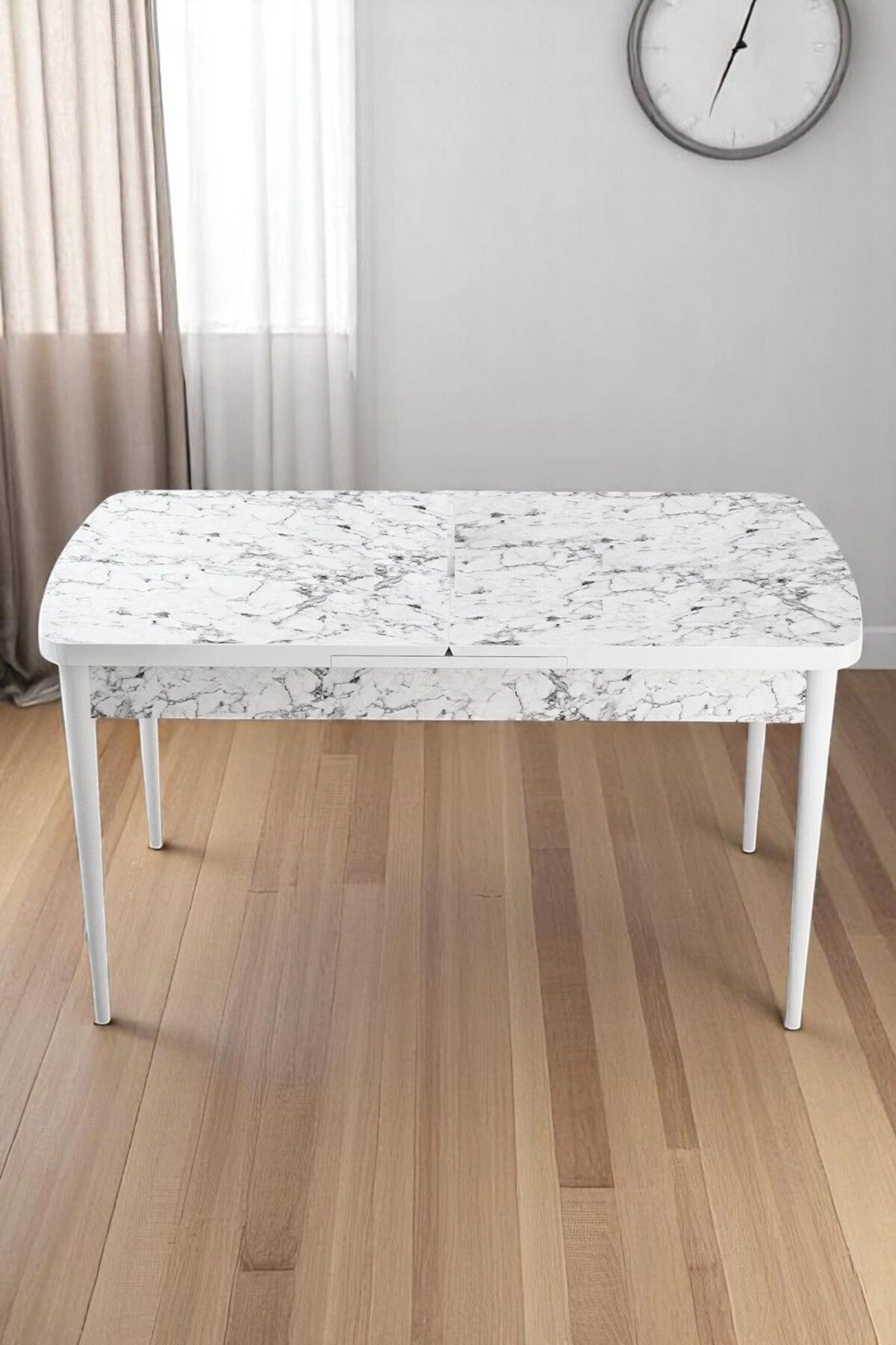Milas Serisi 80 x 132 Açılabilen Beyaz Mermer MDF Mutfak Masası, Yemek Masası Metal Ayak-0