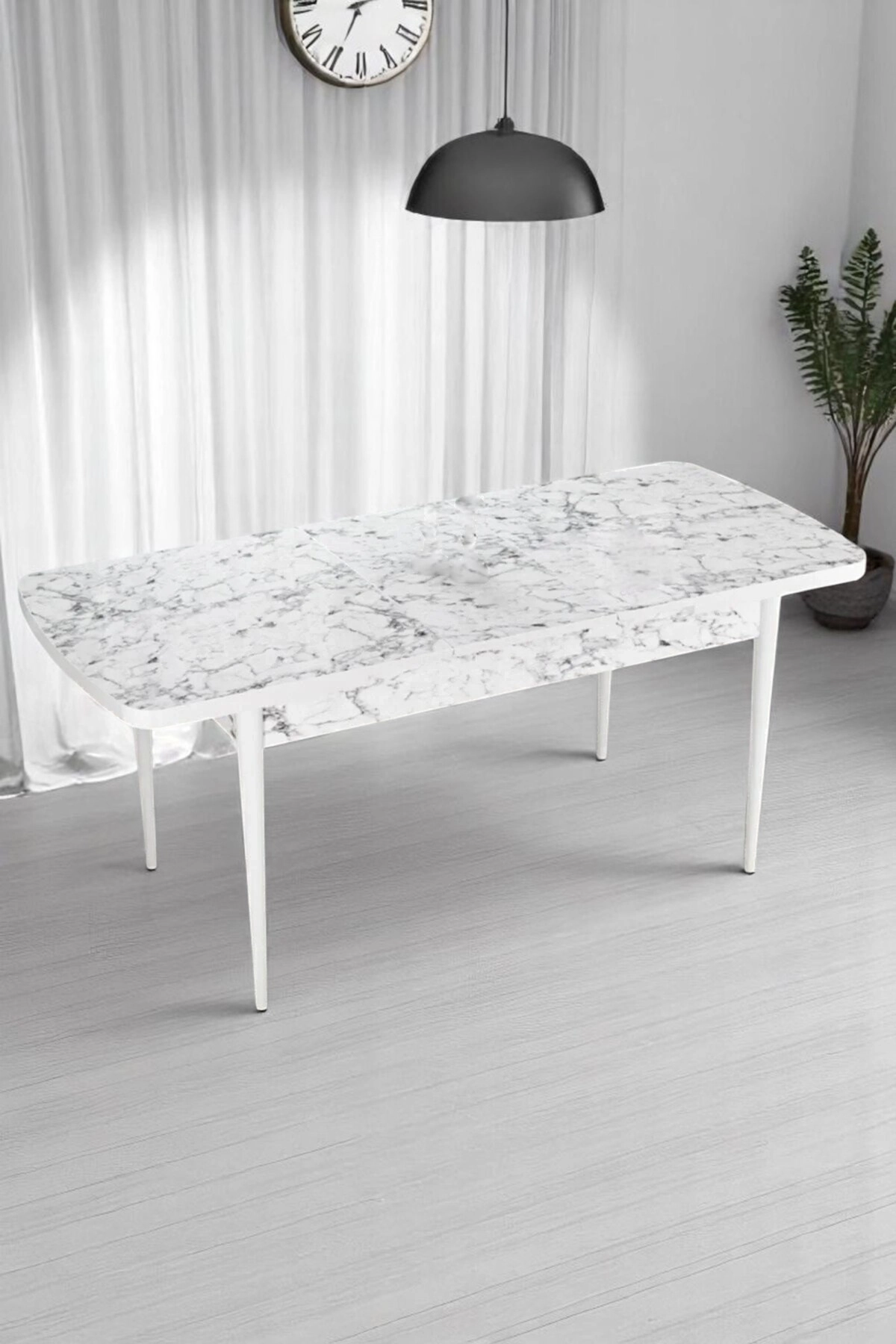Milas Serisi 80 x 132 Açılabilen Beyaz Mermer MDF Mutfak Masası, Yemek Masası Metal Ayak-1