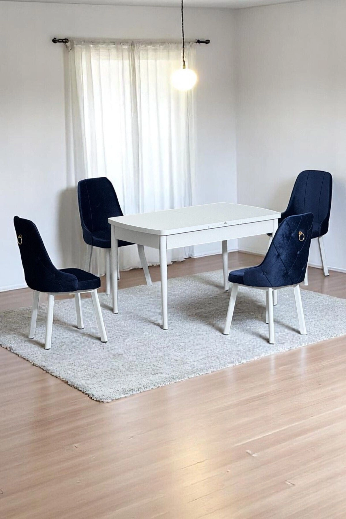 Monera Beyaz 80 x 132 Açılabilen MDF Masa Metal Ayaklı Mutfak Masası Takımı 4 Lacivert Sandalye-0