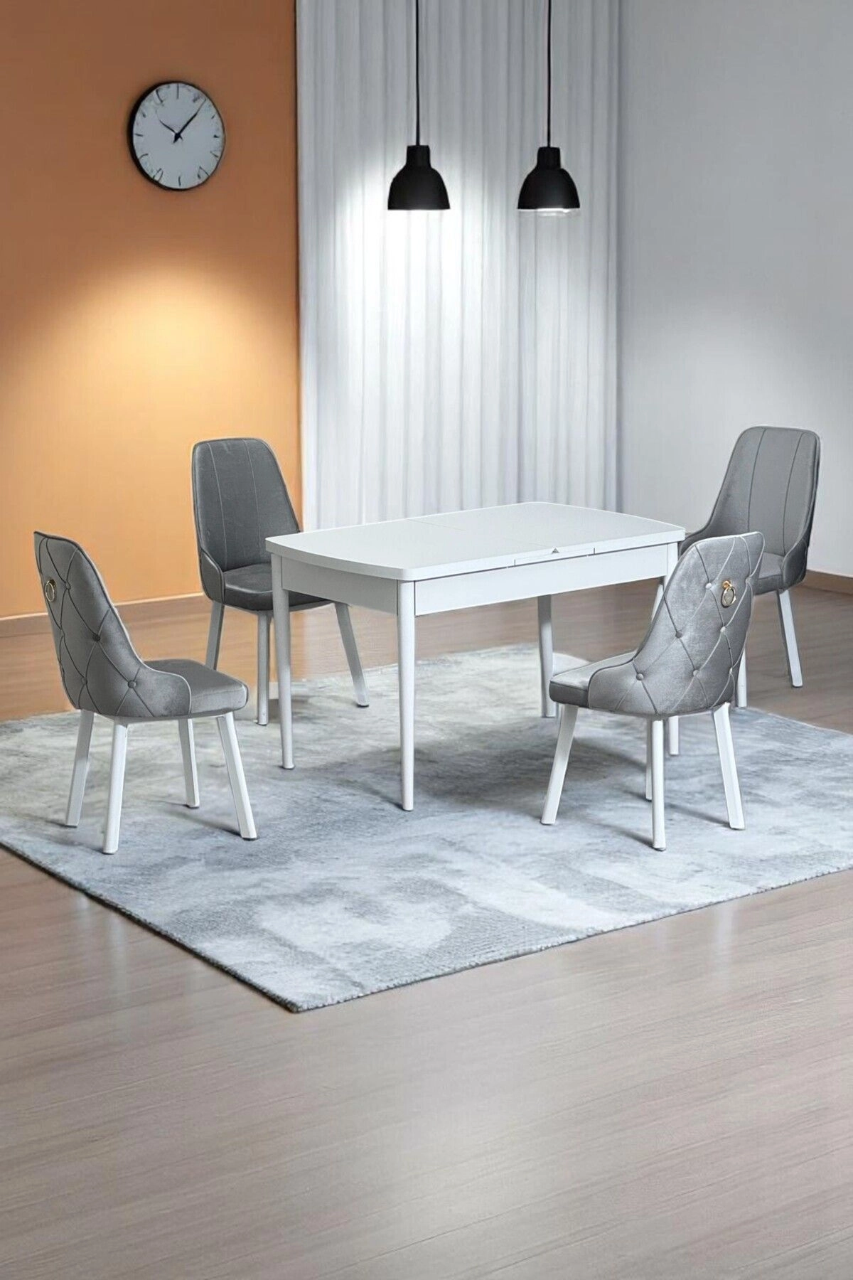 Monera Beyaz 80 x 132 Açılabilen Sunta Masa Metal Ayaklı Mutfak Masası Takımı 4 Gri Sandalye-0