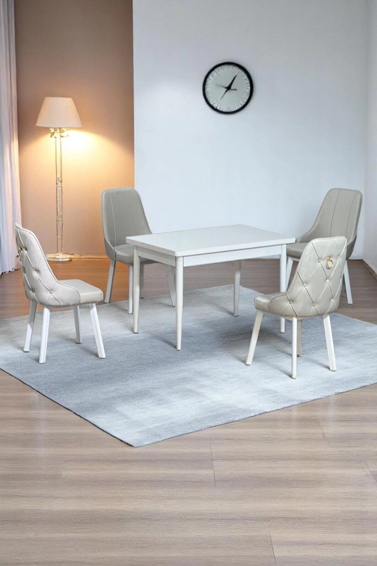 Monera Beyaz 80 x 132 Açılabilen Sunta Masa Metal Ayaklı Mutfak Masası Takımı 4 Krem Sandalye-0
