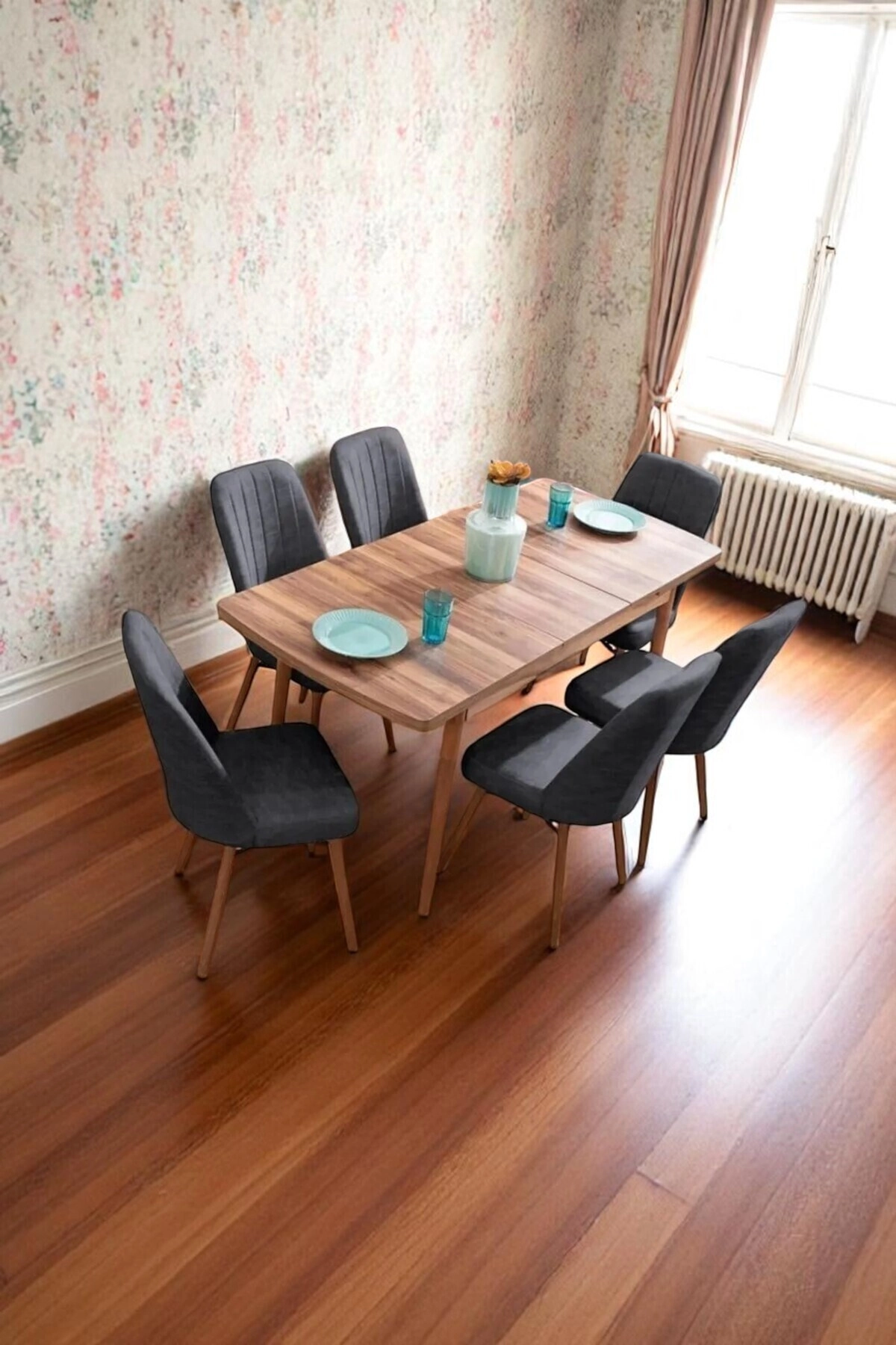 Mutfak Masası Takımı | 6 Kişilik Açılır Masa Sandalye Takımı | Yemek Masası | Masa Takımı - Antrasit-1