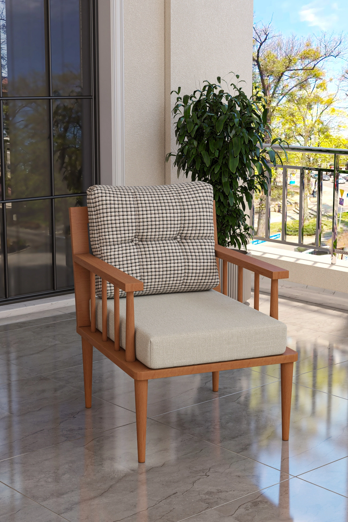 Preda Serisi Masif Fırınlanmış Gürgen Ahşap Bahçe Balkon Takımı 1+1+1+1+Bench+Masa-1