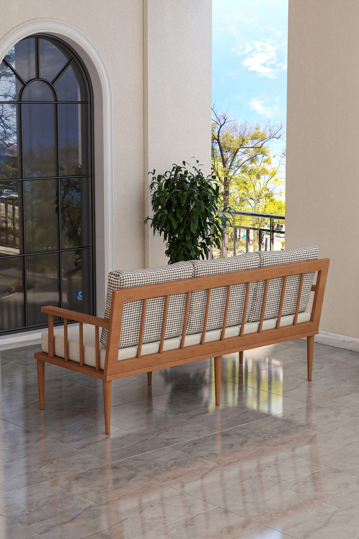 Preda Serisi Masif Fırınlanmış Gürgen Ahşap Bahçe Balkon Takımı 1 Adet 3'lü (Üçlü) Koltuk-1