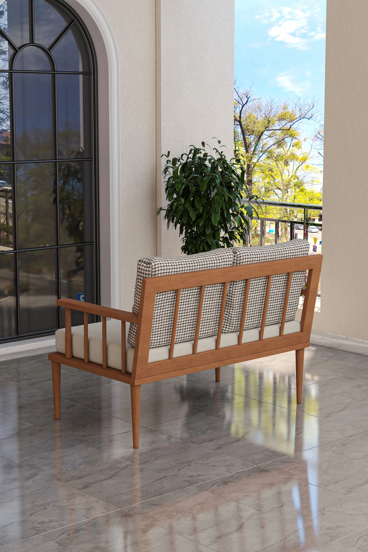 Preda Serisi Masif Fırınlanmış Gürgen Ahşap Bahçe Balkon Takımı 1 Adet İkili Koltuk-1