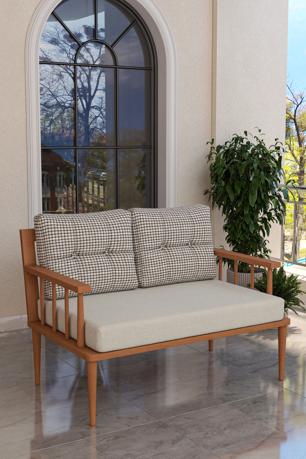 Preda Serisi Masif Fırınlanmış Gürgen Ahşap Bahçe Balkon Takımı 2+2+1+1+Masa-1