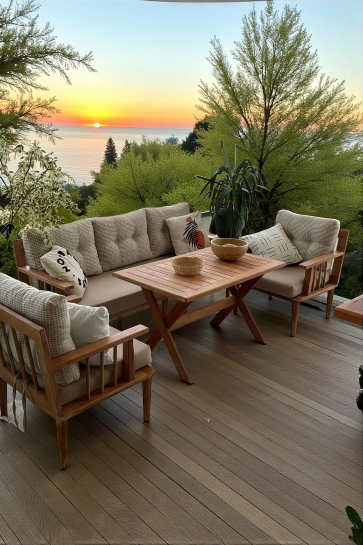 Preda Serisi Masif Fırınlanmış Gürgen Ahşap Bahçe Balkon Takımı 3+1+1+Masa-0