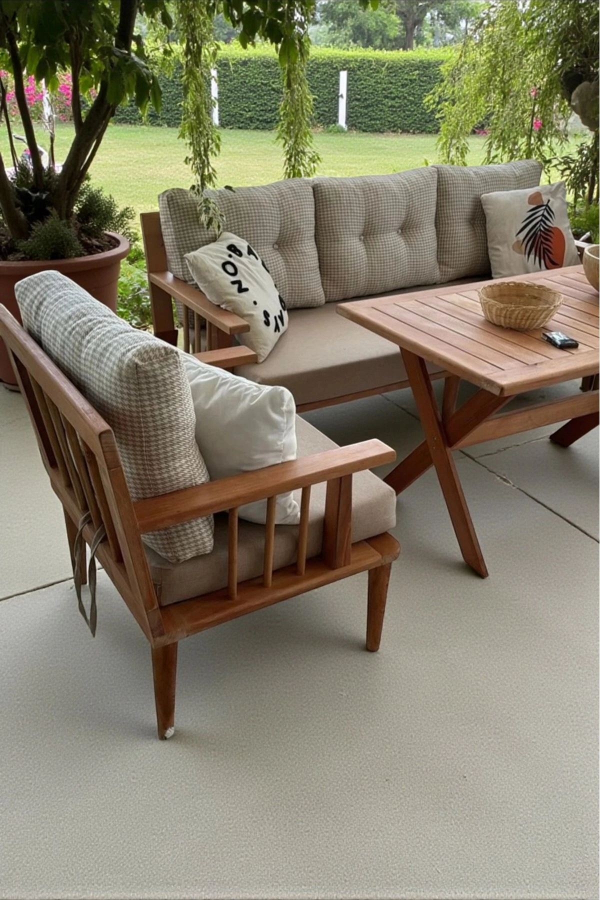 Preda Serisi Masif Fırınlanmış Gürgen Ahşap Bahçe Balkon Takımı 3+1+1+Masa-1