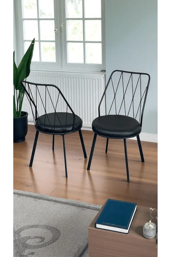 6 Adet Siyah Yıldız Metal Tel Sandalye Mutfak Cafe Sandalyesi