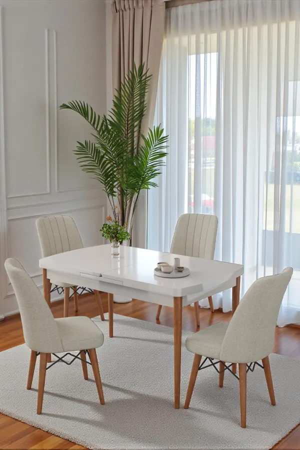 80x170CM Mutfak Masası Takımı | 4 Kişilik Açılır Masa Sandalye Takımı - Beyaz Masa- Krem