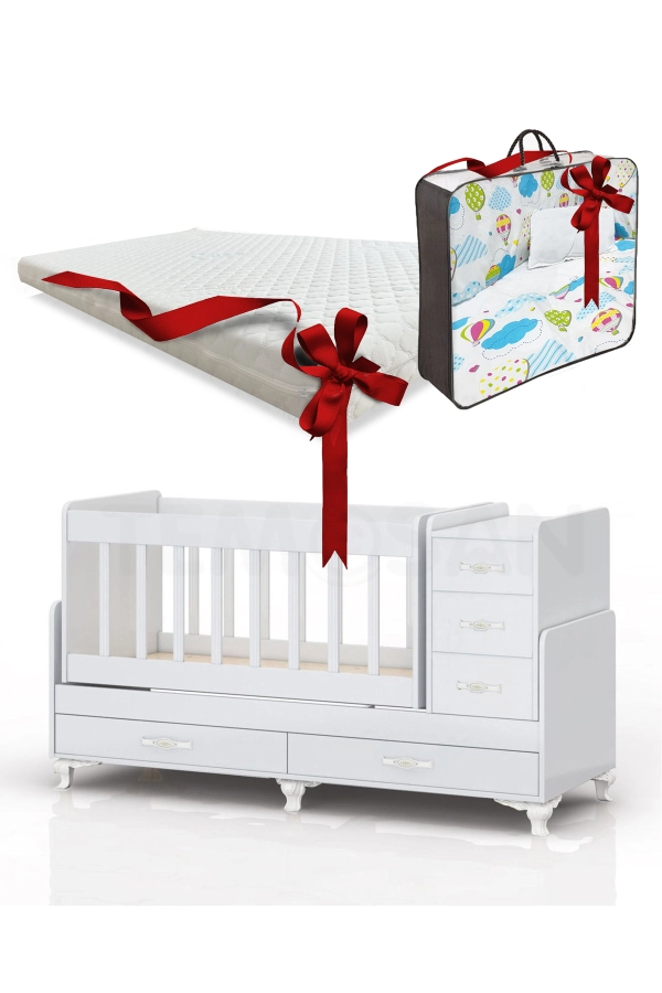 Mavi Uyku Setli, Yataklı, Anne Yanı Olabilen, Sallanır Büyüyen Bebek Beşiği 60 x 120-0