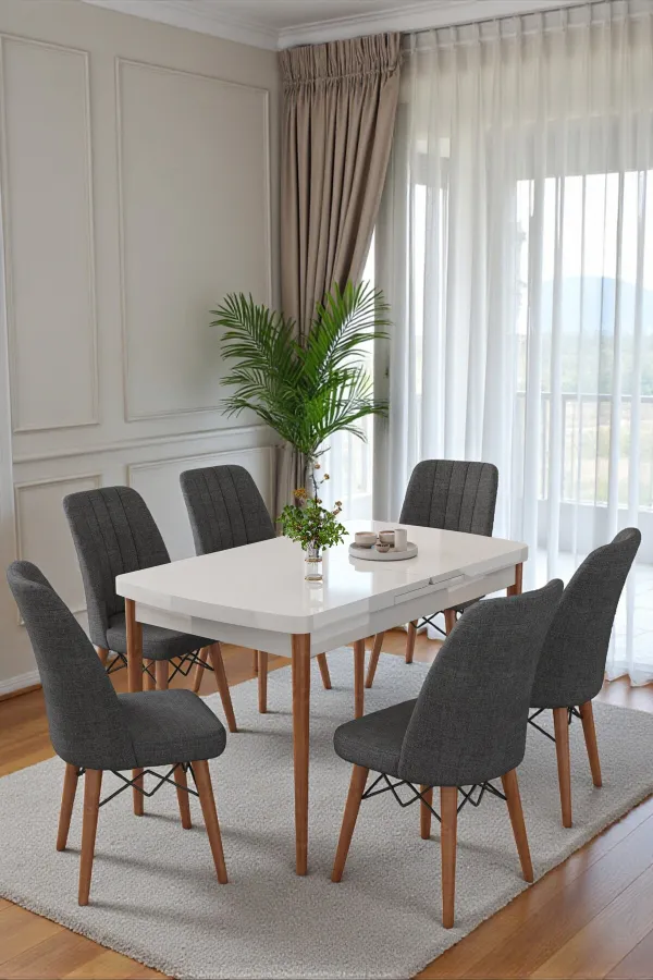 Mutfak Masası Takımı | 6 Kişilik Açılır Masa Sandalye Takımı | Masa Takımı - Beyaz Masa - Antrasit