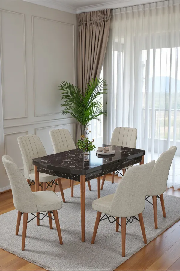 Mutfak Masası Takımı | 6 Kişilik Açılır Masa Sandalye Takımı | Masa Takımı - Beyaz Masa - Krem