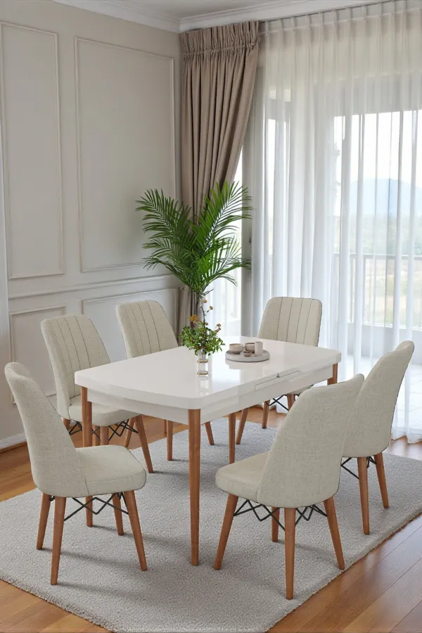 Mutfak Masası Takımı | 6 Kişilik Açılır Masa Sandalye Takımı | Masa Takımı - Beyaz Masa - Krem