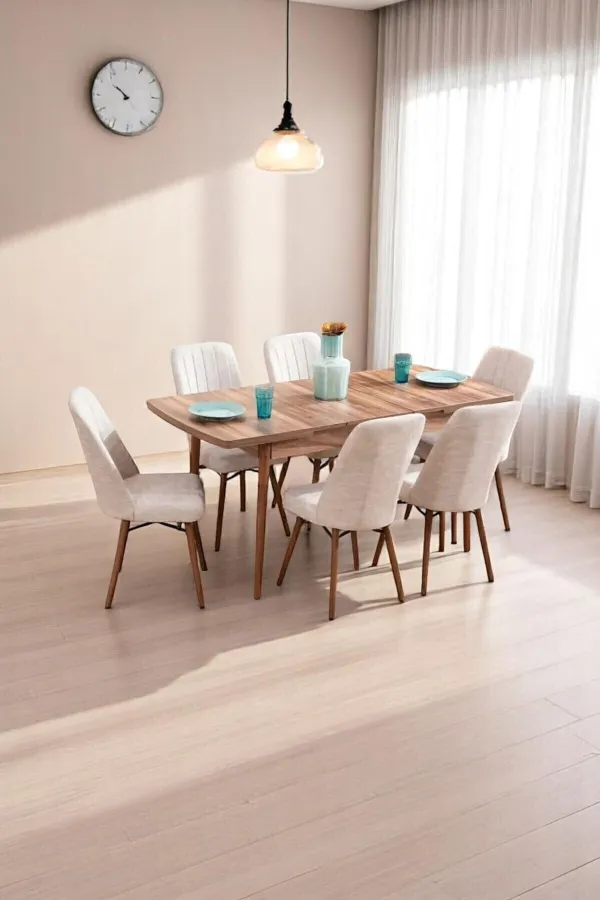 Mutfak Masası Takımı | 6 Kişilik Açılır Masa Sandalye Takımı | Salon Masası | Yemek Masası - Krem