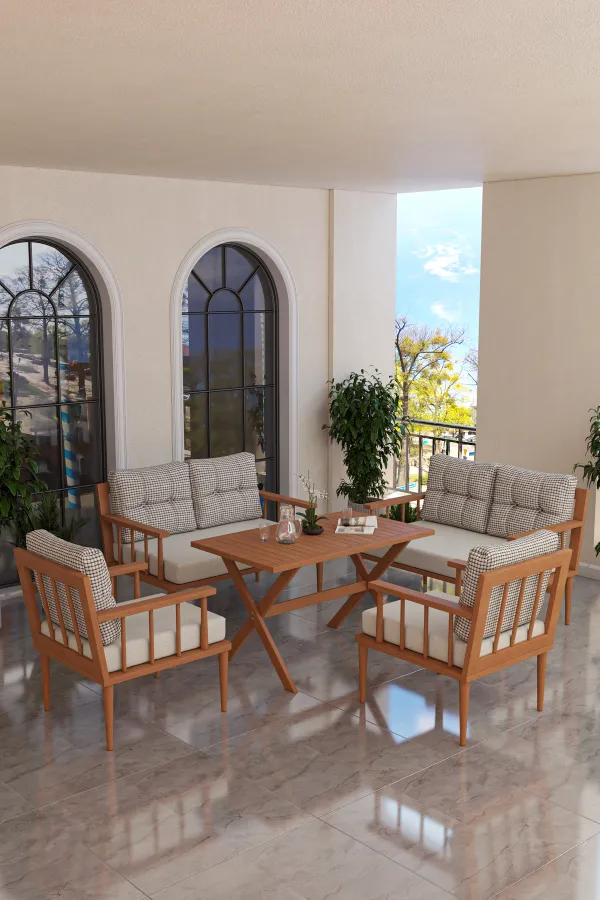 Preda Serisi Masif Fırınlanmış Gürgen Ahşap Bahçe Balkon Takımı 2+2+1+1+Masa
