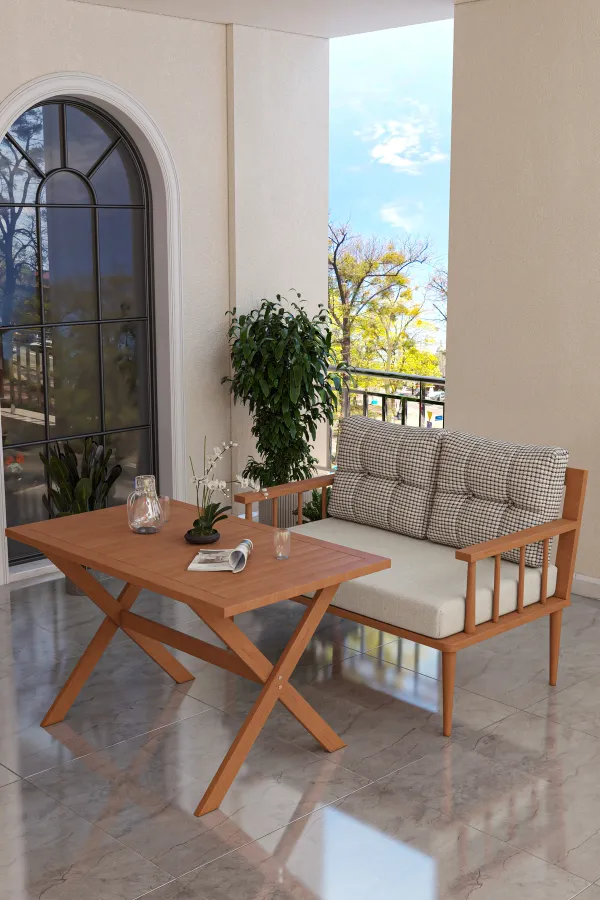 Preda Serisi Masif Fırınlanmış Gürgen Ahşap Bahçe Balkon Takımı 2+Masa