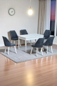 Sera Beyaz 80 x 132 Açılabilen MDF Masa Beyaz Metal Ayaklı Mutfak Masası 6 Füme Kot Desen Sandalye-0