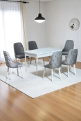 Sonata Beyaz 80 x 132 Açılabilen MDF Masa Metal Ayaklı Mutfak Masası Takımı 6 Gri Sandalye-0