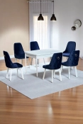 Sonata Beyaz 80 x 132 Açılabilen MDF Masa Metal Ayaklı Mutfak Masası Takımı 6 Lacivert Sandalye-0