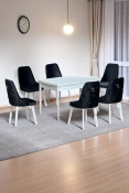 Sonata Beyaz 80 x 132 Açılabilen MDF Masa Metal Ayaklı Mutfak Masası Takımı Siyah Sandalye-0