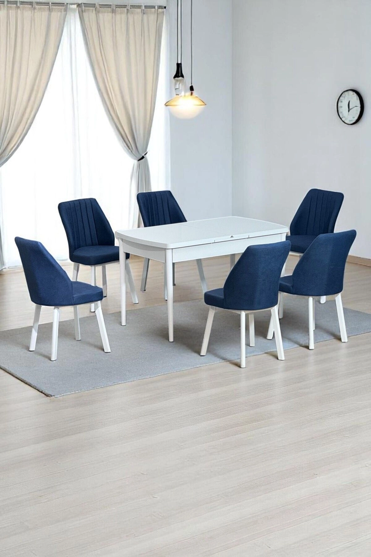 Sera Beyaz 80 x 132 Açılabilen MDF Masa Beyaz Metal Ayaklı Mutfak Masası 6 Lacivert Sandalye-0
