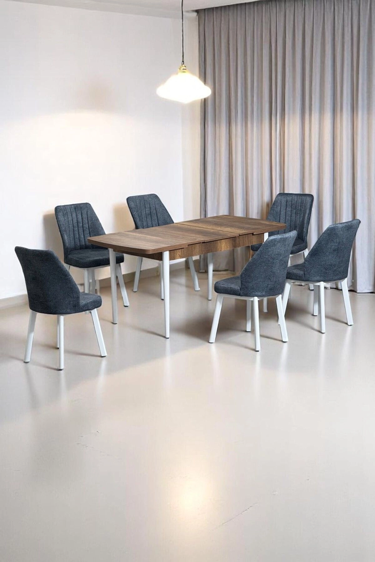 Sera Ceviz 80 x 132 Açılabilen MDF Masa Beyaz Metal Ayaklı Mutfak Masası 6 Kot Füme Sandalye-0