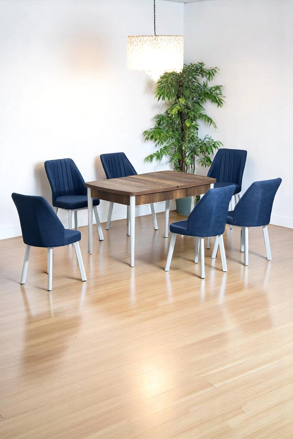 Sera Ceviz 80 x 132 Açılabilen MDF Masa Beyaz Metal Ayaklı Mutfak Masası 6 Lacivert Sandalye-0