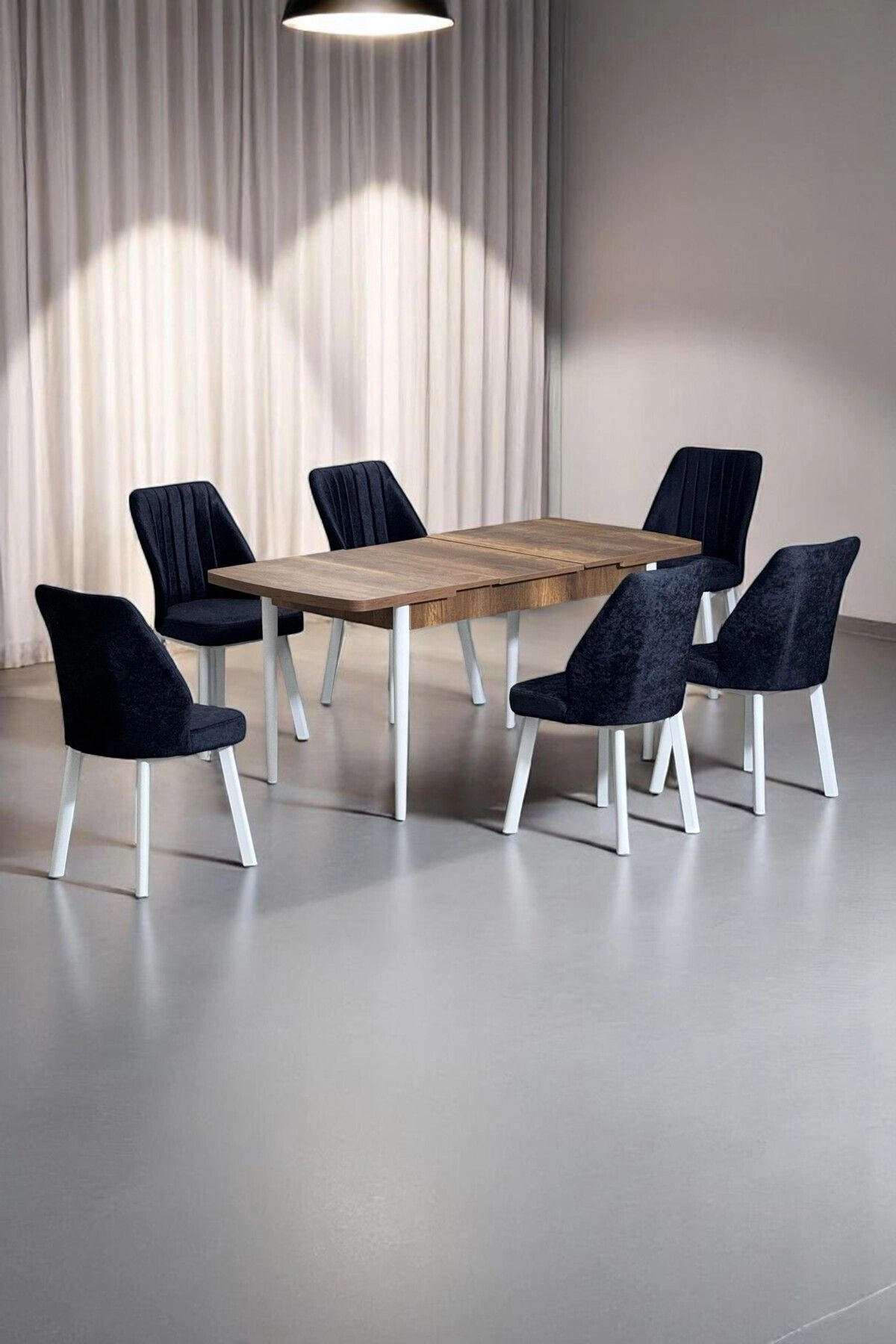 Sera Ceviz 80 x 132 Açılabilen MDF Masa Beyaz Metal Ayaklı Mutfak Masası 6 Siyah Sandalye-0
