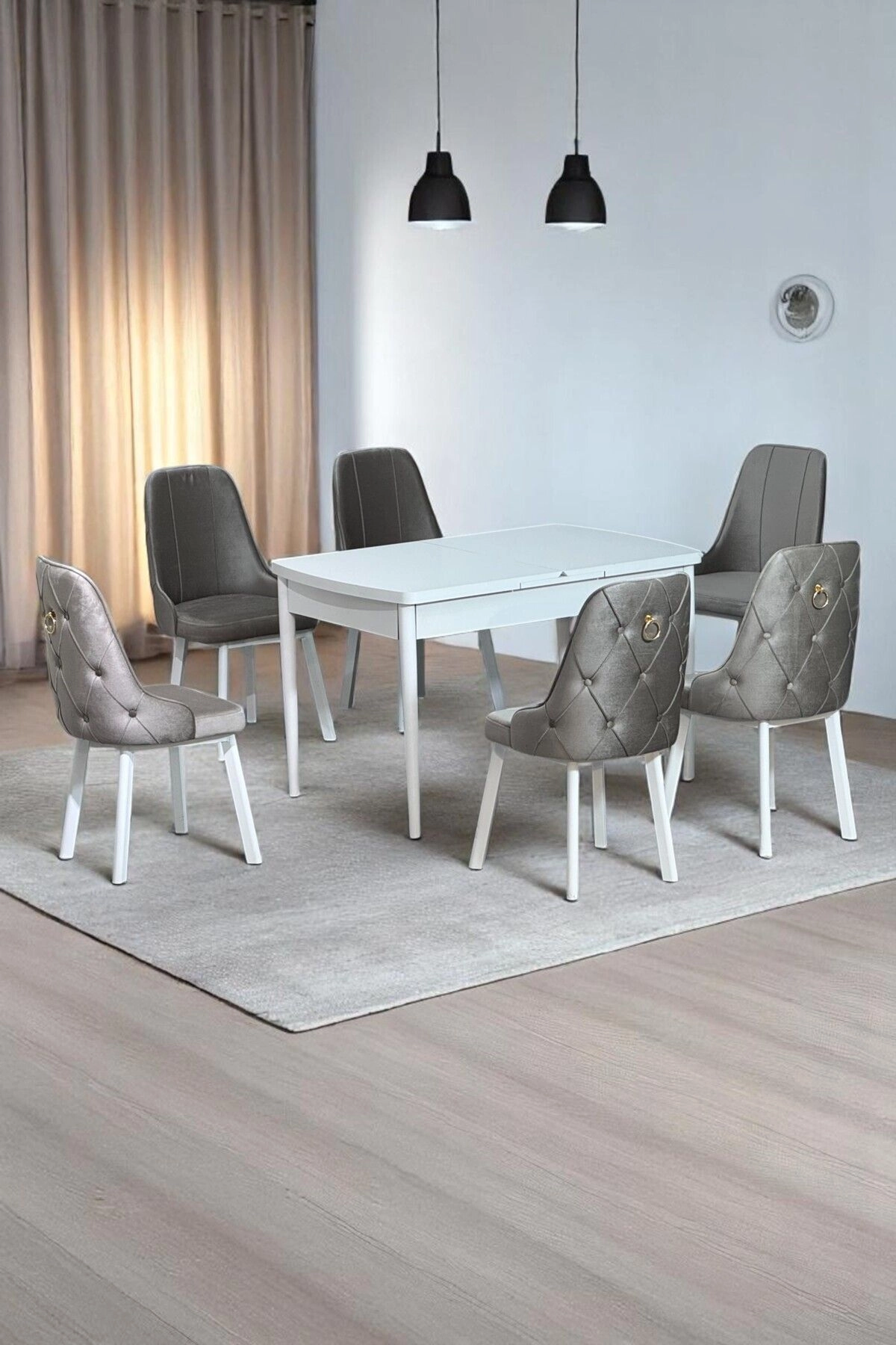 Sonata Beyaz 80 x 132 Açılabilen MDF Masa Metal Ayaklı Mutfak Masası Takımı 6 Cappucino Sandalye-0