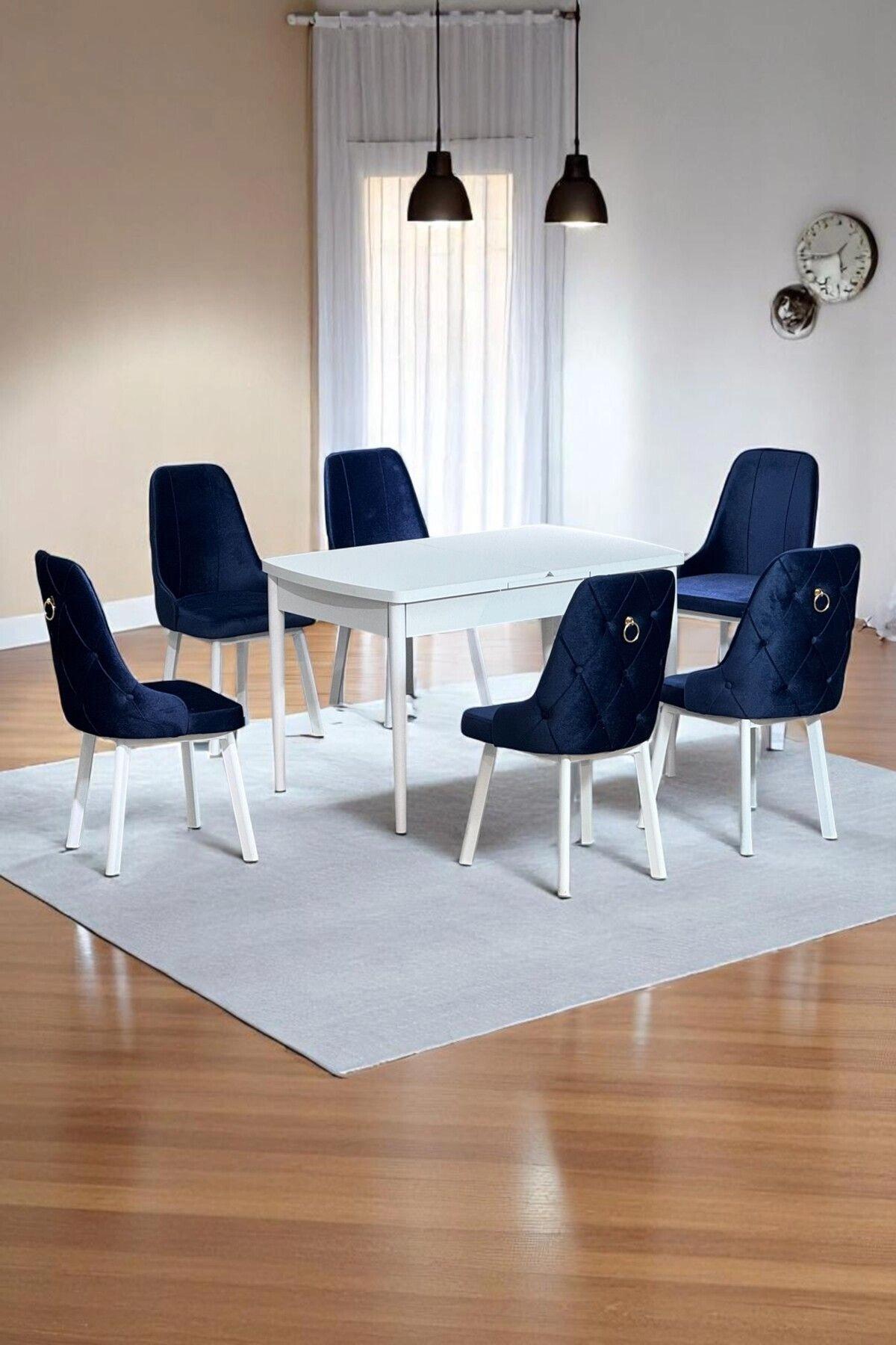 Sonata Beyaz 80 x 132 Açılabilen MDF Masa Metal Ayaklı Mutfak Masası Takımı 6 Lacivert Sandalye-0