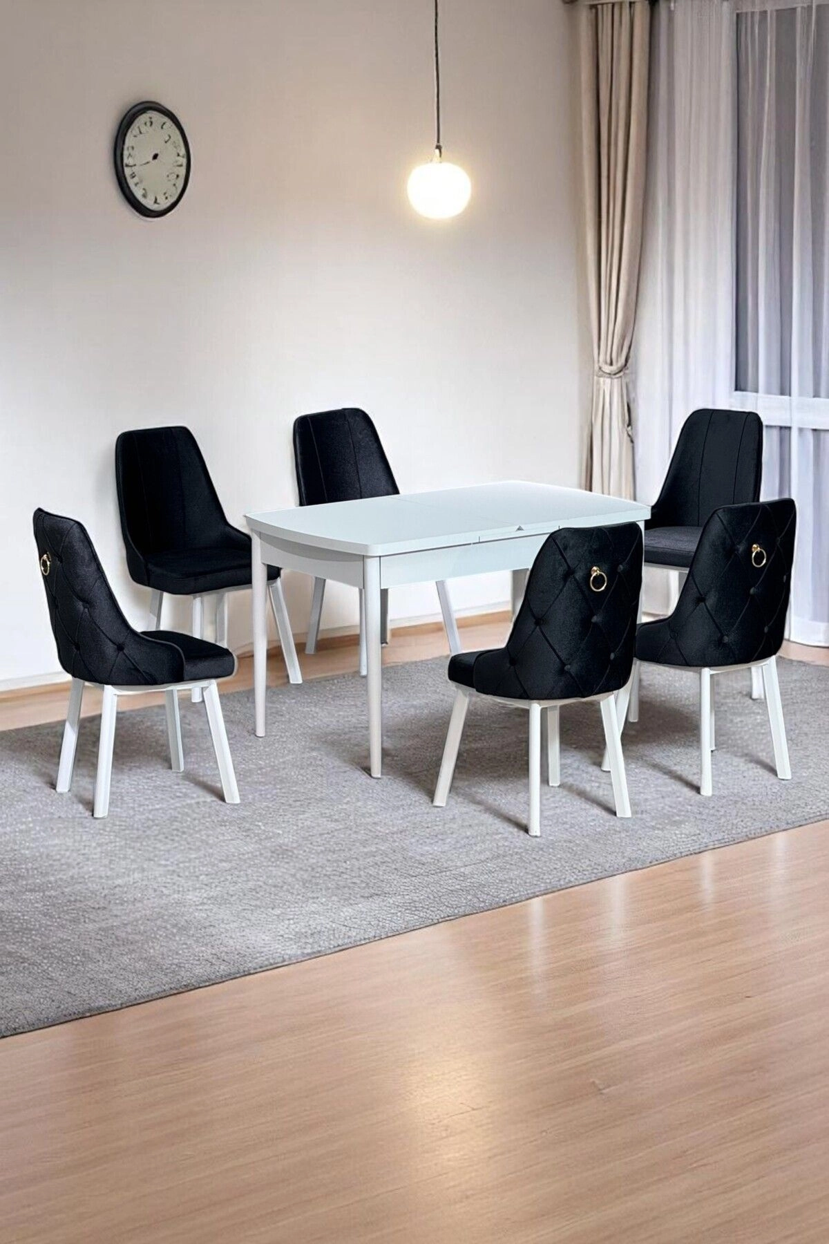 Sonata Beyaz 80 x 132 Açılabilen MDF Masa Metal Ayaklı Mutfak Masası Takımı Siyah Sandalye-0