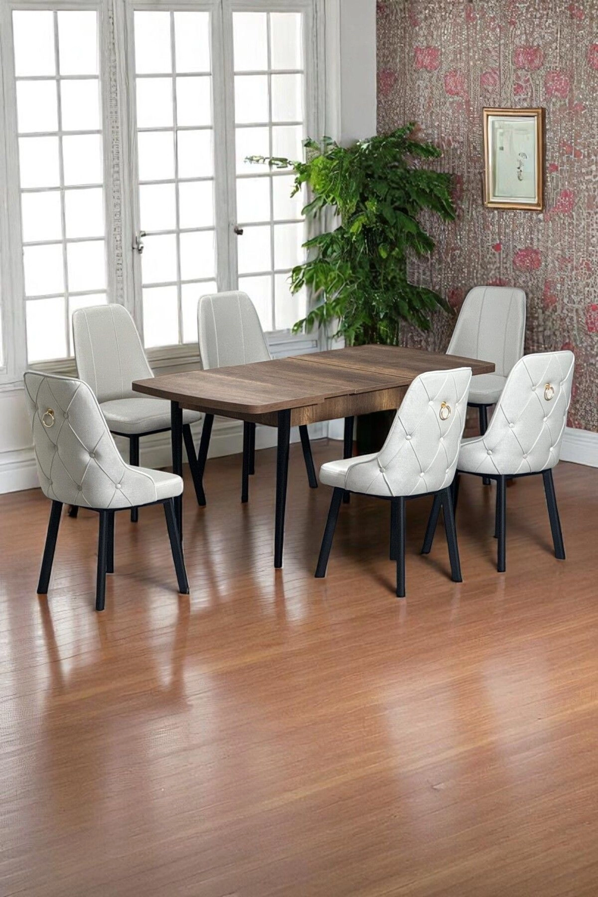 Sonata Ceviz 80 x 132 Açılabilen Sunta Masa Siyah Metal Ayaklı Mutfak Masası 6 Krem Sandalye-0